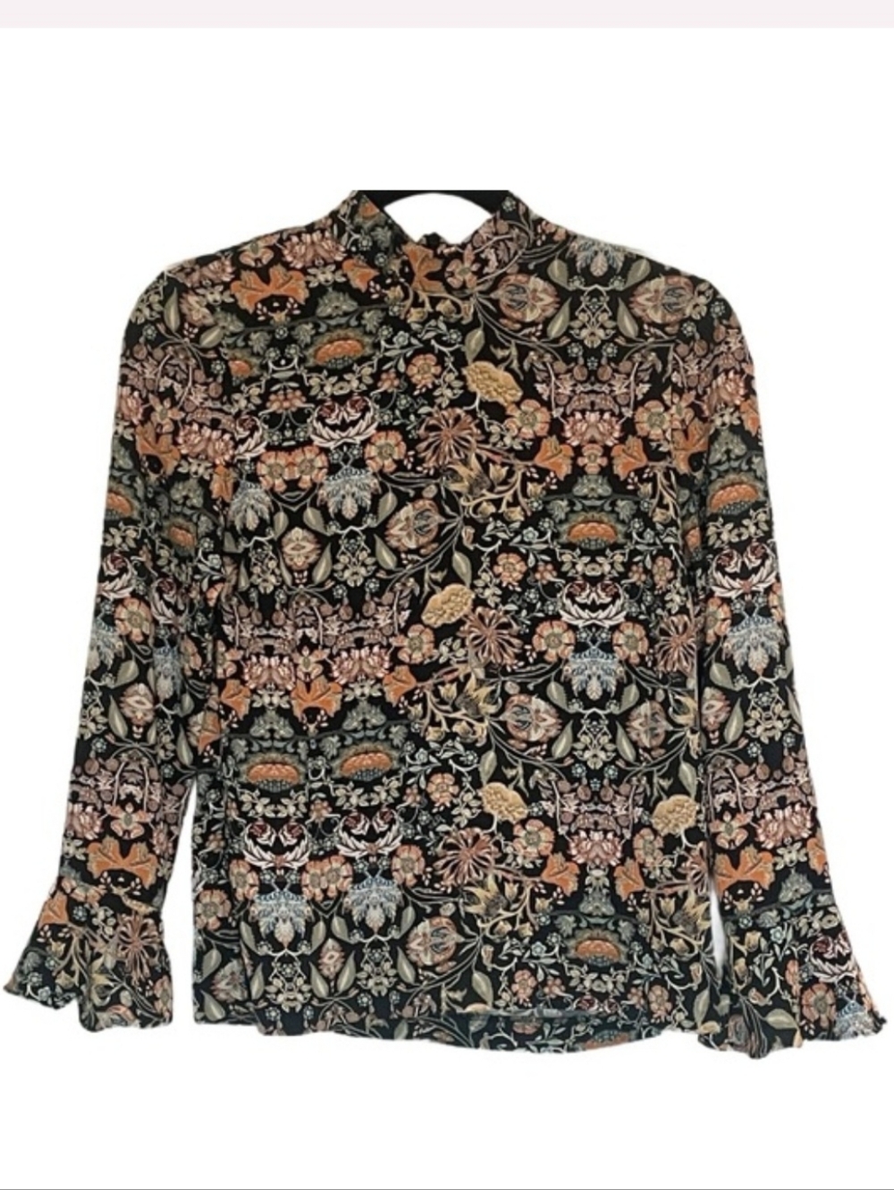 Zara Black Floral Print Long-Sleeve Blouse, Sz XS, (Fits like Sm)